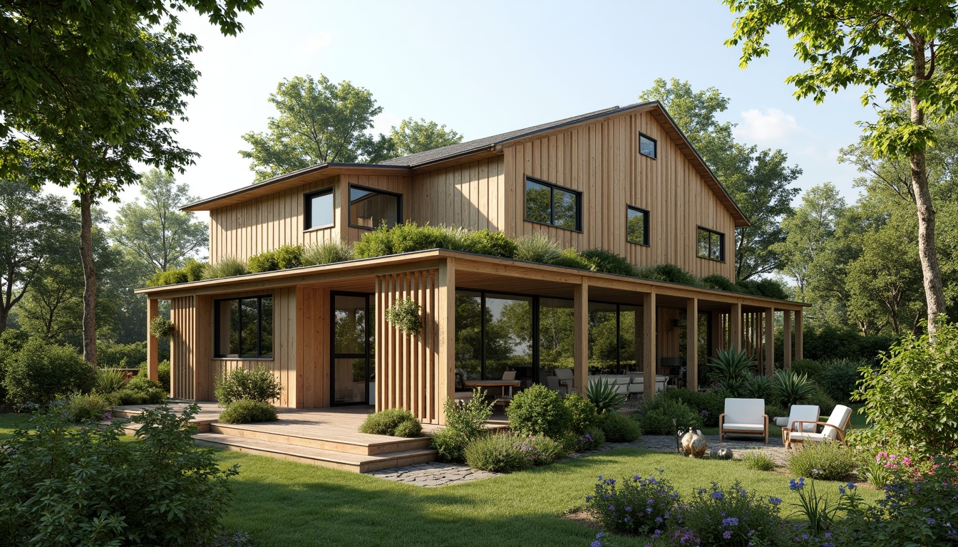 Prompt: Eco-friendly building, recycled materials, green roofs, living walls, bamboo structures, low-carbon footprint, solar panels, wind turbines, rainwater harvesting systems, natural ventilation, abundant daylight, minimal waste generation, biodegradable insulation, FSC-certified wood, reclaimed wood accents, energy-efficient appliances, passive house design, optimized building orientation, double glazing, thermal mass construction, organic paints, non-toxic adhesives, soft warm lighting, 1/1 composition, realistic textures, ambient occlusion.