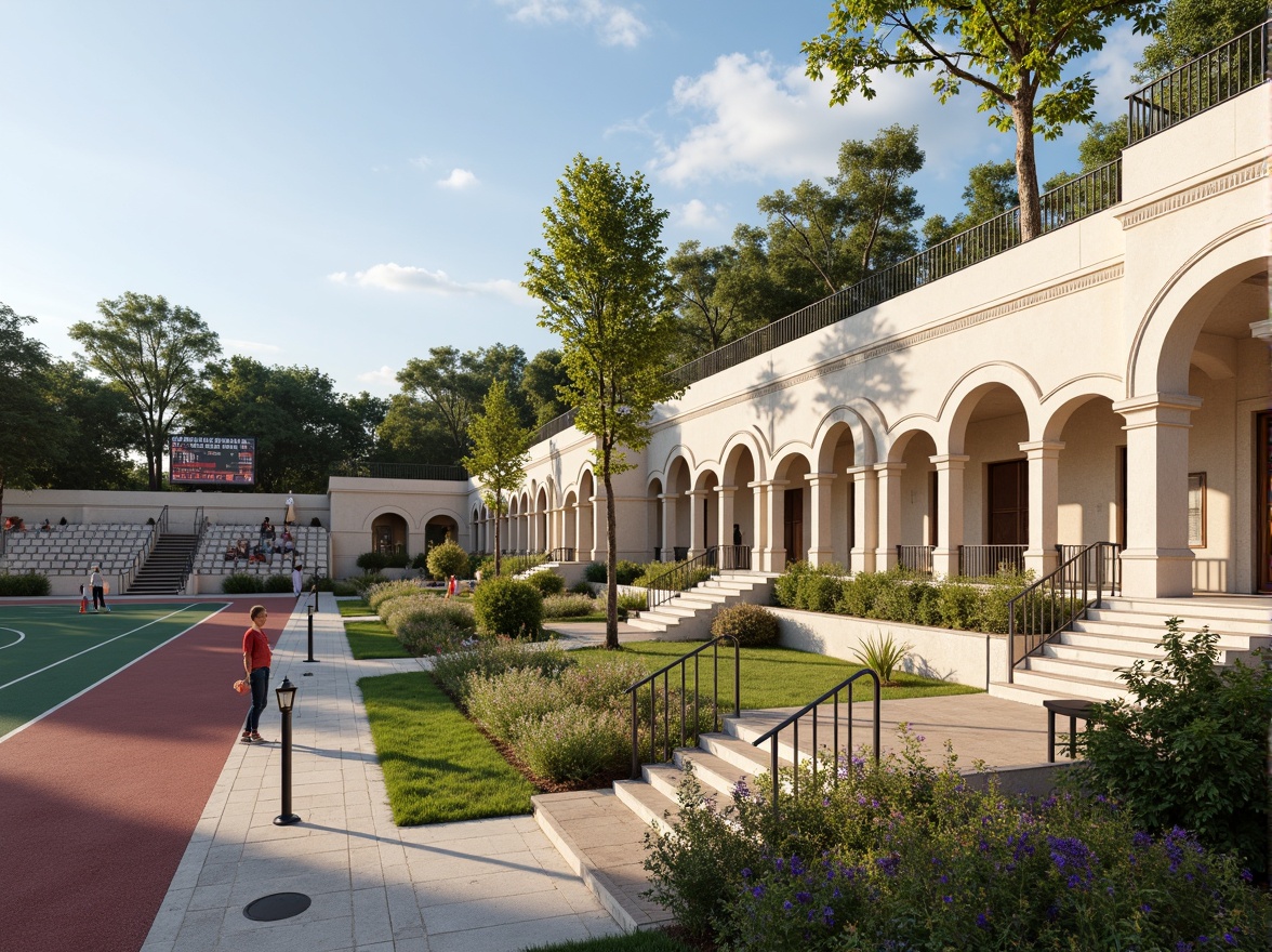 Prompt: Grandstand seating, athletic tracks, soccer field, tennis courts, basketball hoops, vintage scoreboard, ornate stone columns, classic archways, symmetrical fa\u00e7ade, neoclassical architecture, creamy white stucco, terracotta roof tiles, decorative metalwork, elegant lamp posts, lush greenery, natural stone pathways, sunny afternoon, soft warm lighting, shallow depth of field, 3/4 composition, panoramic view, realistic textures, ambient occlusion.