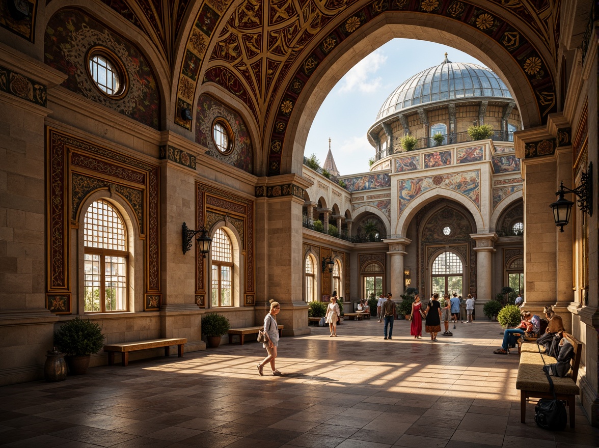 Prompt: Intricate stone carvings, ornate mosaics, grand dome structures, arched windows, ornamental columns, vibrant frescoes, gilded details, rustic stone walls, aged copper roofs, mystical ambiance, warm golden lighting, shallow depth of field, 1/1 composition, realistic textures, ambient occlusion.