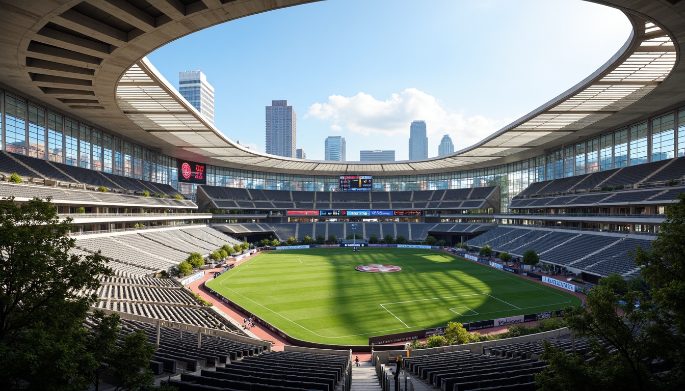 Prompt: Futuristic football stadium, dynamic curved lines, cantilevered roofs, angular steel beams, sleek glass fa\u00e7ades, vibrant LED lighting, modernist architecture, asymmetrical composition, elevated seating areas, lush greenery, sports equipment, goalposts, player tunnels, VIP lounges, concession stands, staircases, ramps, urban cityscape, sunny afternoon, dramatic shadowing, high-contrast lighting, 1/2 composition, cinematic camera angles, realistic textures, ambient occlusion.