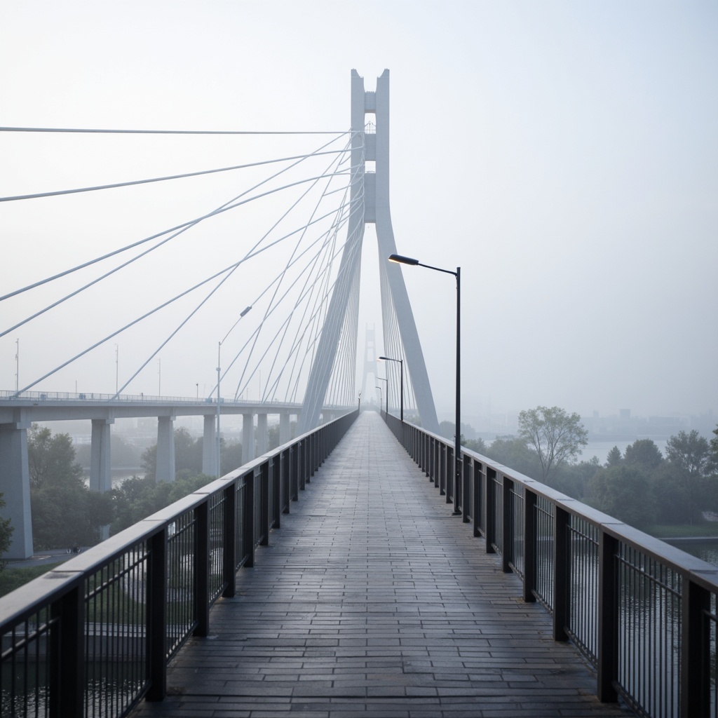 Prompt: Rust-resistant polyethylene bridge components, high-strength tensile properties, lightweight structures, corrosion-free connections, durable decking materials, textured non-slip surfaces, weather-resistant coatings, reinforced polymer composites, modern suspension bridge design, cable-stayed architecture, sleek minimalist lines, silver-gray color scheme, misty morning atmosphere, soft natural lighting, shallow depth of field, 1/2 composition, realistic reflections, ambient occlusion.