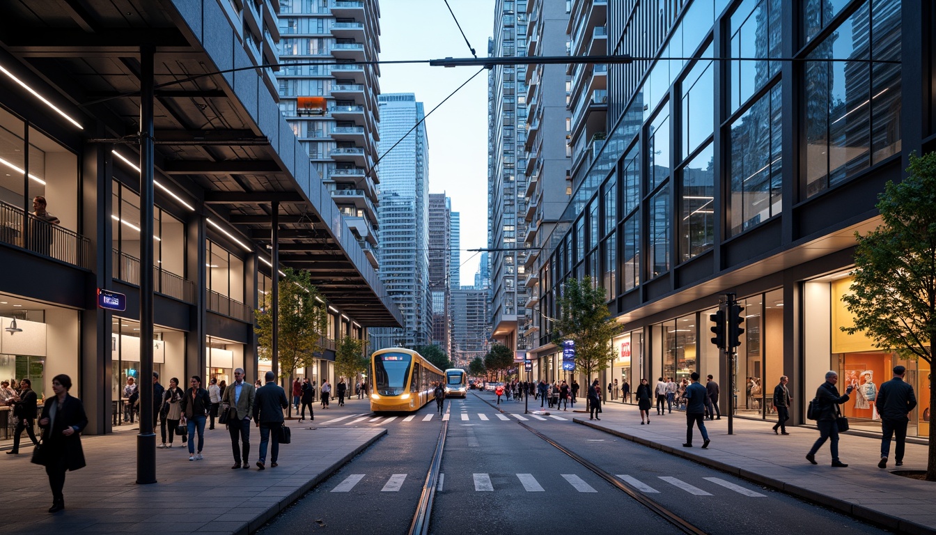 Prompt: Modern tram station, sleek steel beams, glass roofs, industrial-chic architecture, urban cityscape, busy pedestrian traffic, vibrant LED lights, dynamic color schemes, futuristic ambiance, high-contrast lighting, dramatic shadows, 1/1 composition, softbox lighting, realistic reflections, ambient occlusion, morning rush hour, sunny day, shallow depth of field, panoramic view.