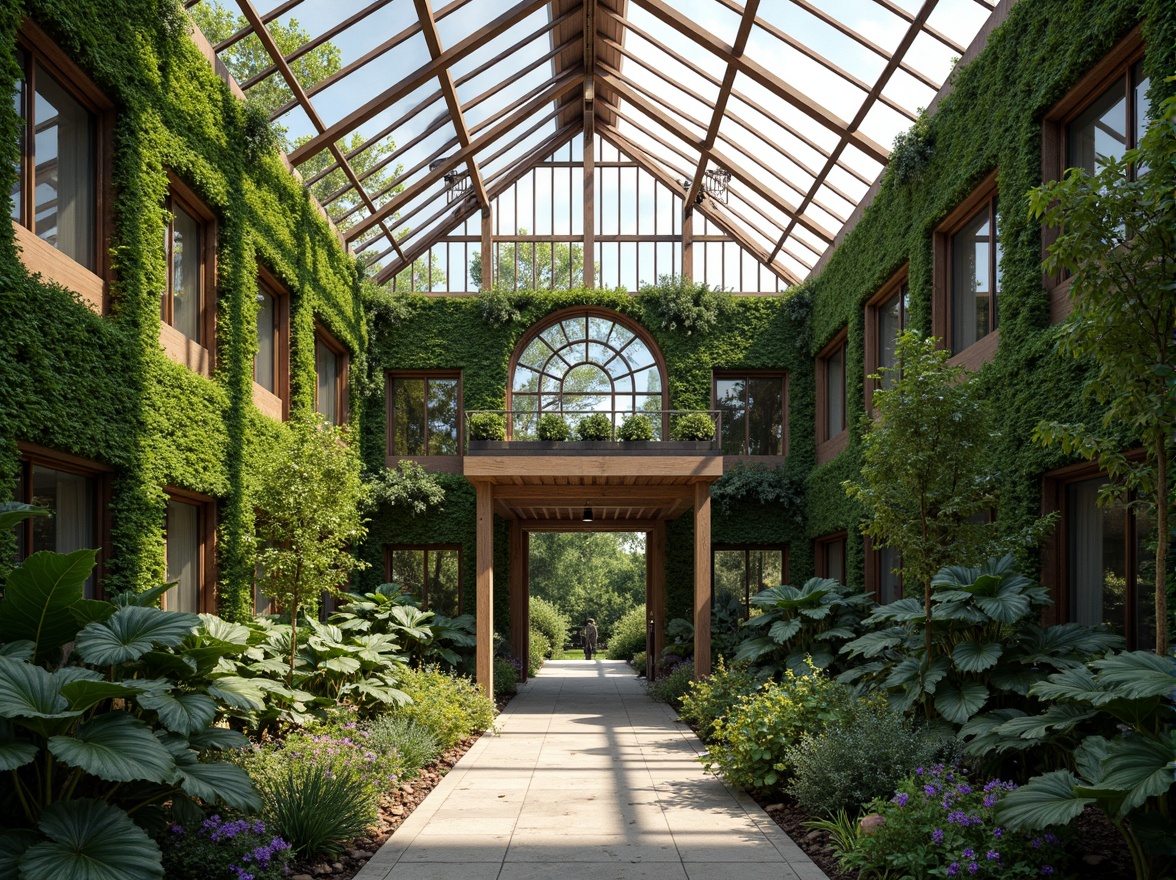 Prompt: Elegant greenhouse, lush green walls, tropical plants, natural ventilation, solar panels, rainwater harvesting systems, recycled materials, energy-efficient lighting, passive heating and cooling, large skylights, clerestory windows, exposed wooden beams, industrial metal frames, organic shapes, earthy color palette, serene atmosphere, soft diffused light, shallow depth of field, 2/3 composition, symmetrical view, realistic textures, ambient occlusion.