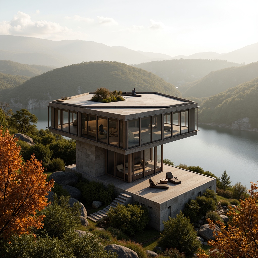 Prompt: Panoramic watchtower, harmonious landscape integration, rolling hills, lush greenery, serene lakeside, wooden decks, natural stone walls, earthy tones, minimalist modern architecture, angular lines, cantilevered roofs, floor-to-ceiling windows, panoramic views, soft warm lighting, shallow depth of field, 3/4 composition, realistic textures, ambient occlusion, misty morning atmosphere, vibrant autumn foliage.