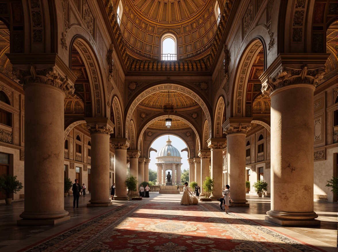 Prompt: Intricate arches, ornate carvings, golden mosaics, Byzantine domes, grand entrances, marble columns, ornamental capitals, vaulted ceilings, intricate stone patterns, mystical ambiance, warm golden lighting, soft shadows, 3/4 composition, symmetrical balance, ornate metalwork, luxurious textiles, richly patterned rugs, ambient occlusion.