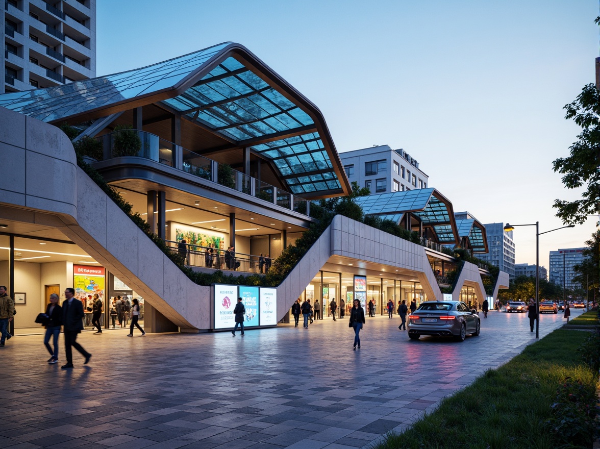 Prompt: Futuristic bus station, dynamic curvaceous lines, cantilevered roofs, transparent glass fa\u00e7ades, steel beams, exposed concrete structures, modern angular columns, vibrant LED lighting, digital signage displays, futuristic transportation hubs, urban cityscapes, busy pedestrian traffic, natural ventilation systems, open public spaces, green roof gardens, sustainable energy harvesting systems, rainwater collection systems, minimalistic design language, bold color schemes, geometric patterned flooring, shallow depth of field, 3/4 composition, panoramic views, realistic textures, ambient occlusion.