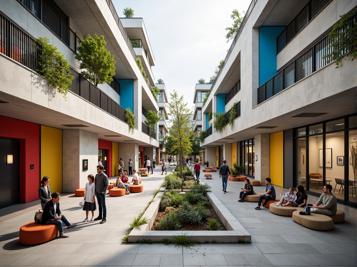 Prompt: Vibrant community center, bold geometric forms, functional simplicity, open-plan layout, communal gathering spaces, natural light-filled corridors, industrial materials, exposed ductwork, minimalist decor, vibrant color accents, dynamic spatial flow, 1/1 composition, symmetrical architecture, brutalist concrete structures, urban context, bustling city streets, pedestrian-friendly surroundings, green roofs, vertical gardens, modern urban planning, inclusive public spaces, diverse community activities, lively street art, eclectic furniture, playful textures, warm atmospheric lighting.