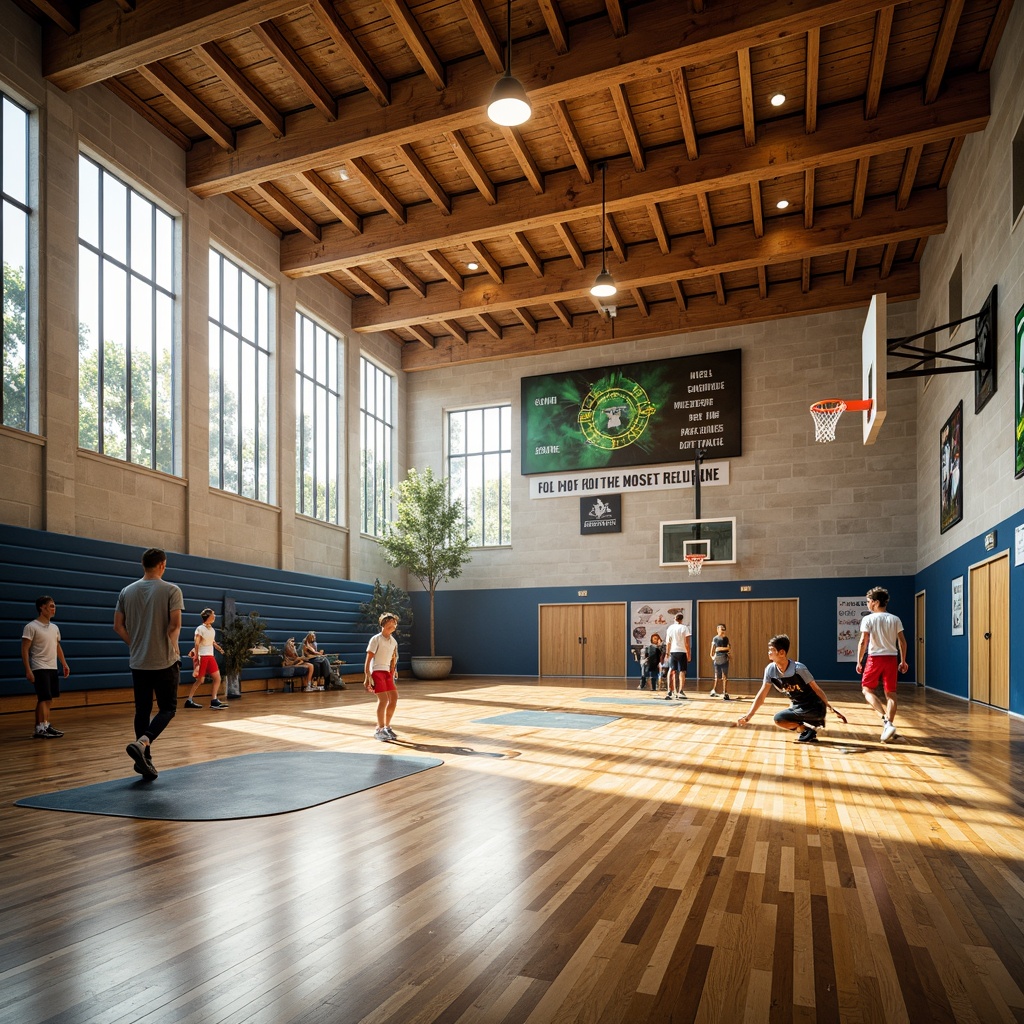 Prompt: Vibrant gymnasium interior, polished wooden floors, basketball hoops, sports equipment, bleacher seating, motivational quotes, natural light pouring in, large windows, modern architecture, open spaces, dynamic athletic movements, energetic atmosphere, soft warm lighting, shallow depth of field, 3/4 composition, panoramic view, realistic textures, ambient occlusion.