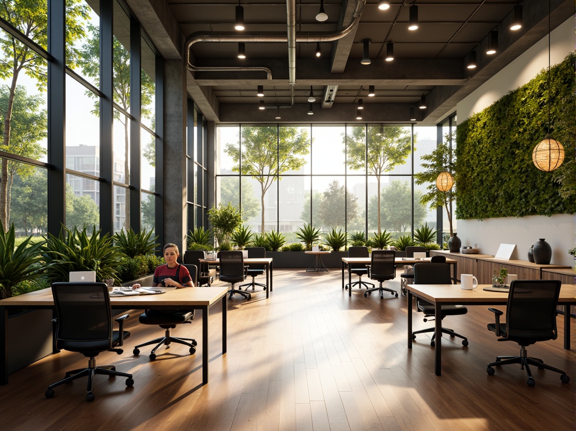 Prompt: Vibrant office interior, abundant natural light, floor-to-ceiling windows, open workspace, collaborative desks, modern minimalist furniture, sleek metal frames, polished wooden floors, lush greenery, living walls, airy atmosphere, soft warm illumination, shallow depth of field, 3/4 composition, panoramic view, realistic textures, ambient occlusion.