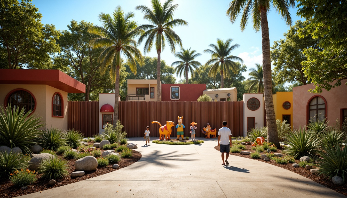 Prompt: Vibrant zoo entrance, playful animal sculptures, rusty metal gates, wooden fencing, natural stone walls, exotic plant species, tropical trees, sunny afternoon, warm soft lighting, shallow depth of field, 3/4 composition, panoramic view, realistic textures, ambient occlusion, Constructivist-inspired facades, geometric shapes, bold color blocking, abstract patterns, whimsical illustrations, kinetic architecture, dynamic forms, futuristic materials, iridescent coatings, reflective surfaces.