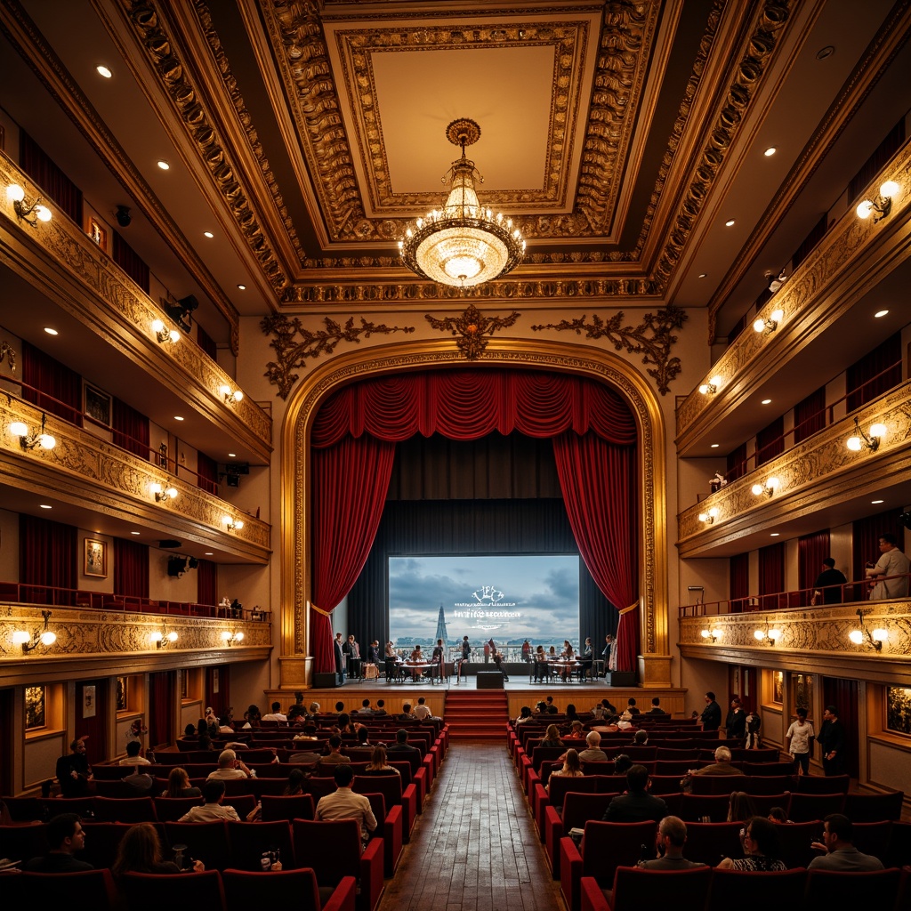 Prompt: Grand opera house, ornate chandeliers, velvet curtains, gilded balconies, wooden flooring, intricately carved details, subtle warm lighting, comfortable seating areas, sound-absorbing materials, acoustic panels, optimized reverberation time, clear audio clarity, precise sound reflection, audience seating arrangements, intimate performance settings, dramatic stage lighting, richly textured fabrics, ornate moldings, historic architectural elements, elegant foyers, grand staircases.