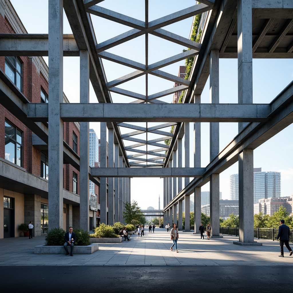 Prompt: Modern steel framework, industrial aesthetic, sleek metal beams, sturdy columns, robust trusses, galvanized finishes, silver-gray tones, urban cityscape, concrete foundation, angular lines, minimalist design, functional simplicity, high-strength connections, welded joints, bolted assemblies, cantilevered overhangs, dramatic lighting, low-angle photography, 2/3 composition, shallow depth of field.