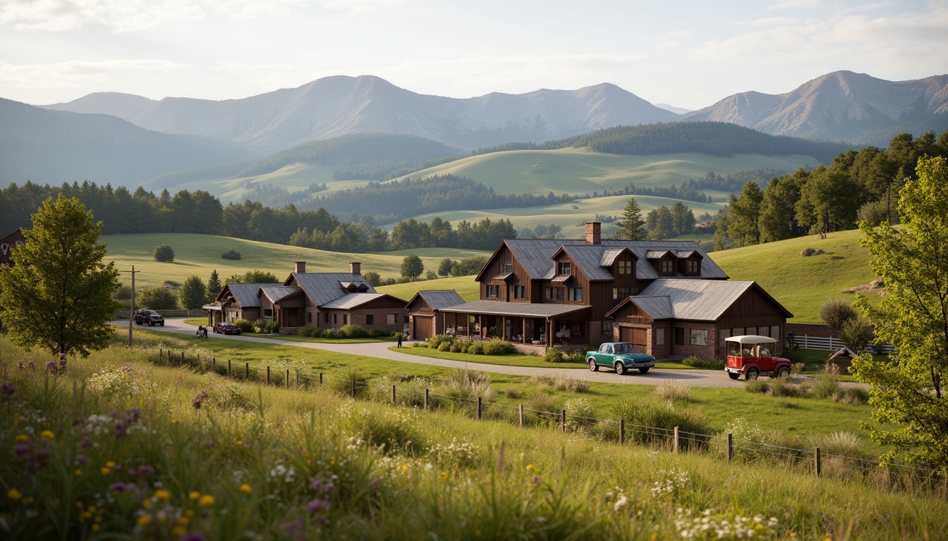 Prompt: Rustic rural landscape, rolling hills, wooden farmhouses, traditional brick buildings, pitched roofs, green pastures, wildflowers, rustic metal fences, vintage agricultural equipment, country roads, natural stone walls, earthy color palette, warm soft lighting, shallow depth of field, 1/1 composition, realistic textures, ambient occlusion.