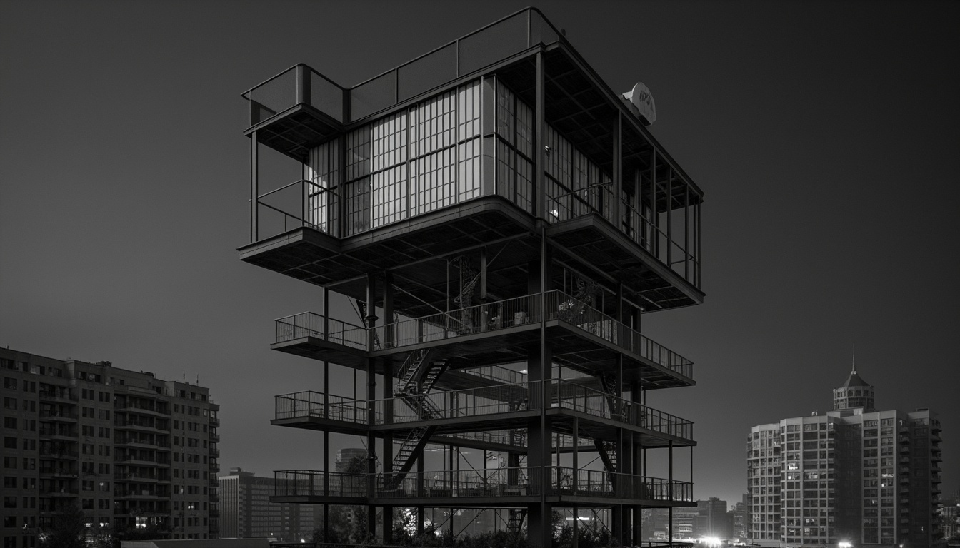 Prompt: Monochromatic modernist watchtower, sleek metallic facade, bold minimalist design, cantilevered structures, geometric latticework, neutral color palette, industrial materials, exposed ductwork, urban cityscape, concrete jungle, dramatic nighttime lighting, low-angle shot, cinematic composition, high-contrast shadows, atmospheric mist, subtle ambient occlusion.