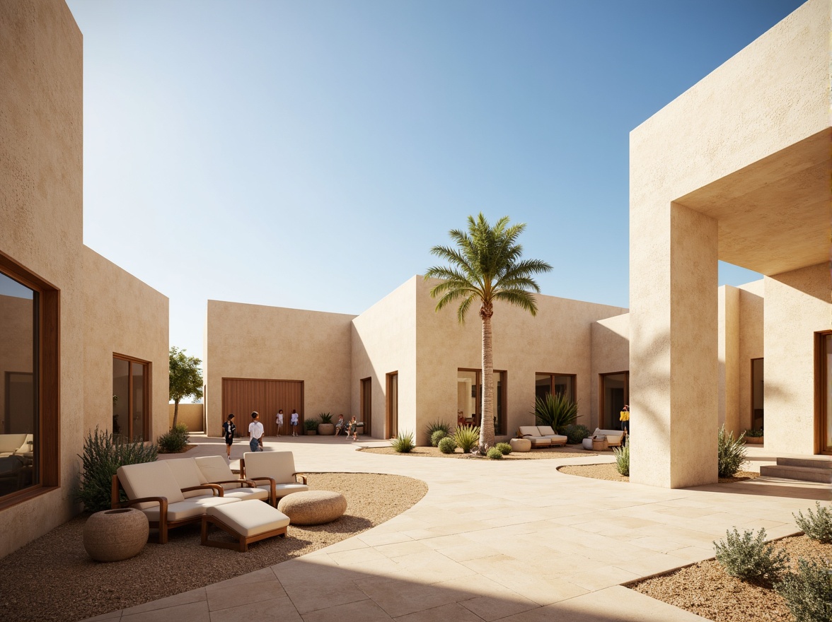 Prompt: Earthy beige buildings, natural stone facades, warm creamy walls, soft sandy dunes, rustic wooden accents, elegant archways, minimalist modern architecture, large glass windows, subtle texture overlays, shallow depth of field, 3/4 composition, panoramic view, realistic renderings, ambient occlusion, serene desert landscape, clear blue sky, hot sunny day, gentle breezes, natural light filtering, cozy indoor spaces, comfortable furniture arrangements, earthy ceramic tiles, woven textiles, organic patterns, soothing color harmonies.