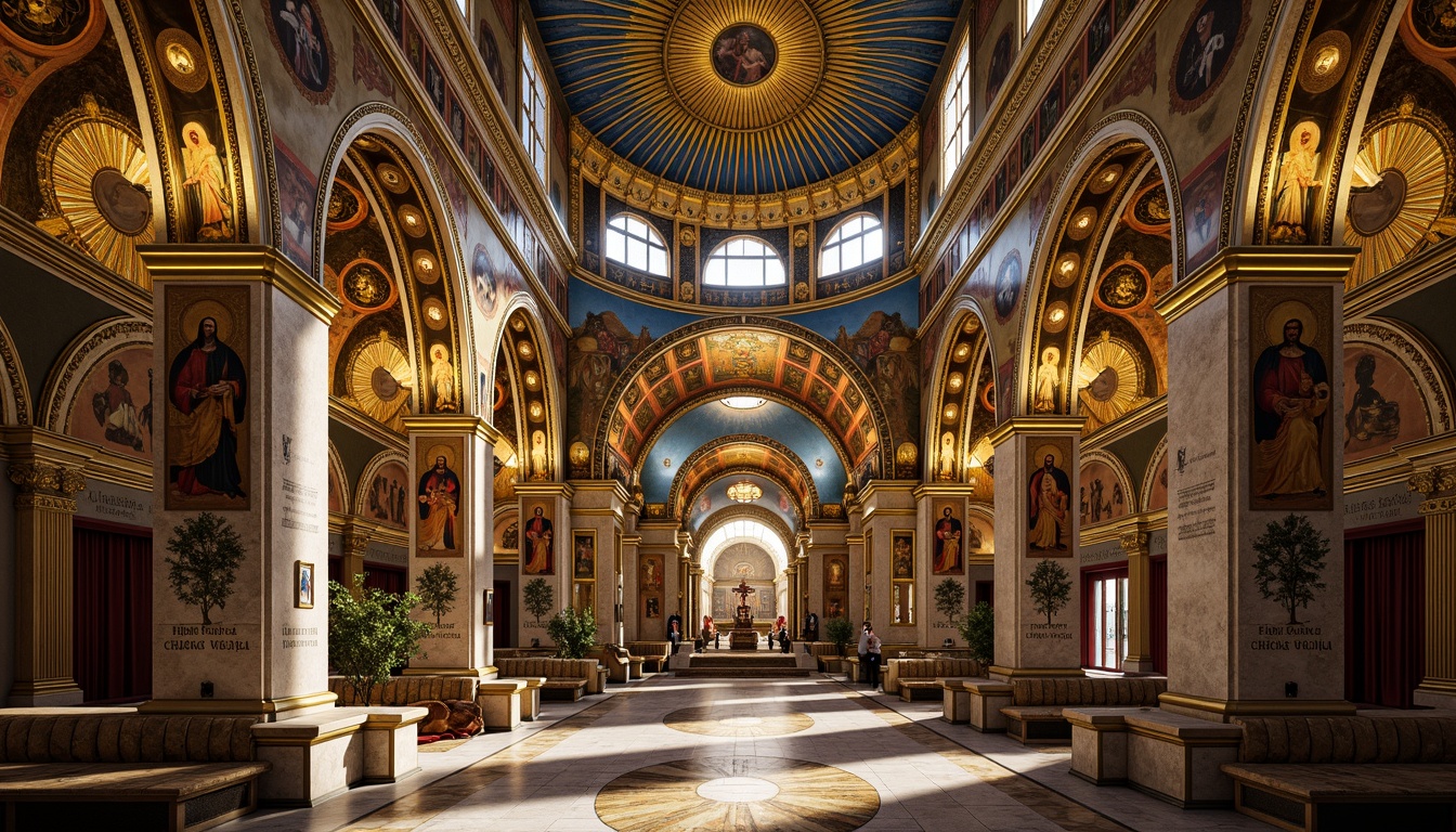 Prompt: Byzantine-style interior, ornate mosaics, golden accents, intricate patterns, vibrant colors, marble floors, grand arches, high ceilings, lavish decorations, ornamental columns, sacred icons, biblical scenes, heavenly figures, shimmering glass tiles, subtle lighting, warm ambiance, realistic textures, ambient occlusion.