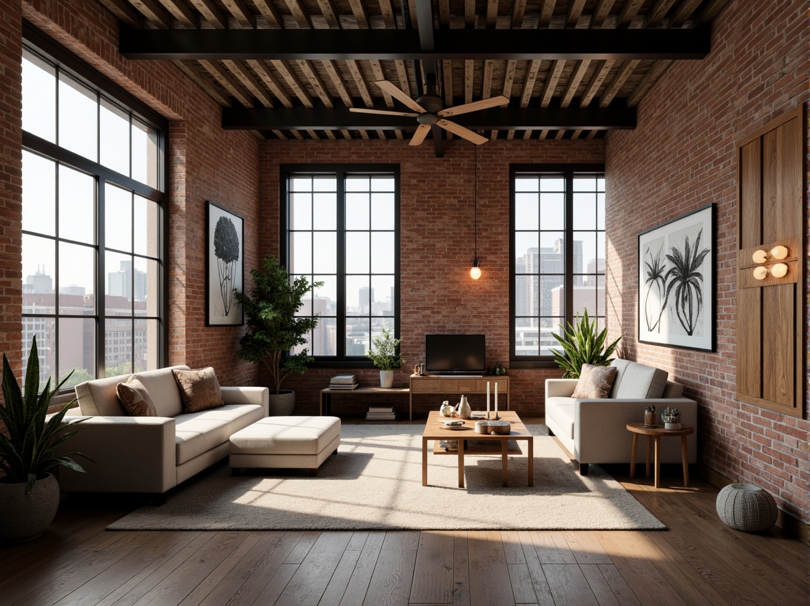 Prompt: Industrial chic loft, exposed brick walls, metal beams, wooden floors, high ceilings, urban landscape views, modern minimalist furniture, eclectic art pieces, natural textiles, reclaimed wood accents, Edison bulb lighting, warm cozy atmosphere, softbox shadows, shallow depth of field, 1/2 composition, cinematic lighting, realistic textures, ambient occlusion.