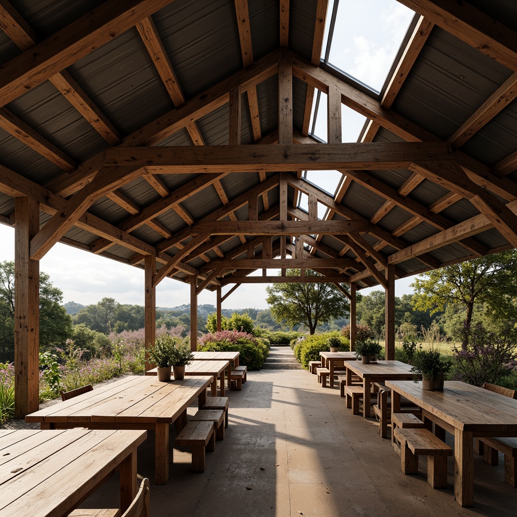 Prompt: Rustic barn, vintage academic atmosphere, exposed wooden beams, metal roofing, corrugated iron sheets, solar panels, green roofs, innovative truss systems, asymmetrical rooflines, clerestory windows, natural light pouring in, rustic wooden accents, earthy color palette, rural landscape, rolling hills, countryside scenery, soft warm lighting, shallow depth of field, 1/2 composition, realistic textures, ambient occlusion.