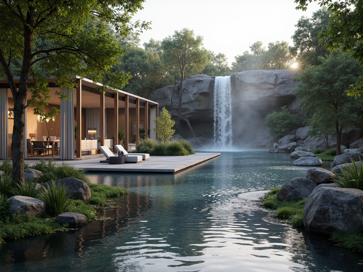 Prompt: \Soothing waterfall, serene lake, rippling waves, natural stone shorelines, wooden dock, floating plants, calming mist, lush greenery, modern minimalist architecture, glass walls, sliding doors, open floor plan, comfortable outdoor seating, warm ambiance, soft lighting, 1/1 composition, realistic water simulations, subtle ripples, peaceful atmosphere.\