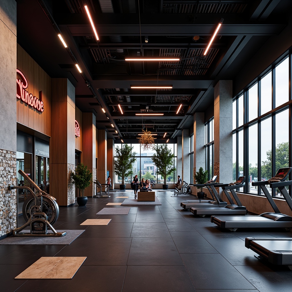 Prompt: Modern fitness club interior, polished chrome equipment, dark wood accents, matte black flooring, mirrored walls, industrial concrete columns, vibrant neon signage, LED lighting strips, energetic color scheme, abstract geometric patterns, textured stone features, sleek glass partitions, minimalist decor, dynamic spatial layout, natural light pouring in, shallow depth of field, 1/1 composition, realistic render.