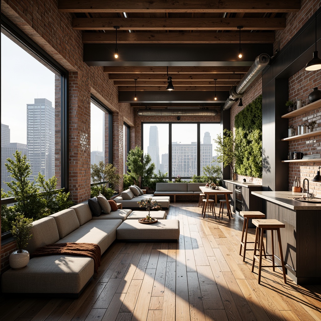 Prompt: Industrial chic loft interior, reclaimed wooden floors, exposed brick walls, metallic beams, eco-friendly materials, energy-efficient appliances, natural ventilation systems, large windows, abundant natural light, urban cityscape views, modern minimalist decor, green roofs, solar panels, rainwater harvesting systems, recycled glass countertops, low-VOC paints, sustainable furniture design, living walls, vertical gardens, soft warm lighting, shallow depth of field, 3/4 composition, realistic textures, ambient occlusion.