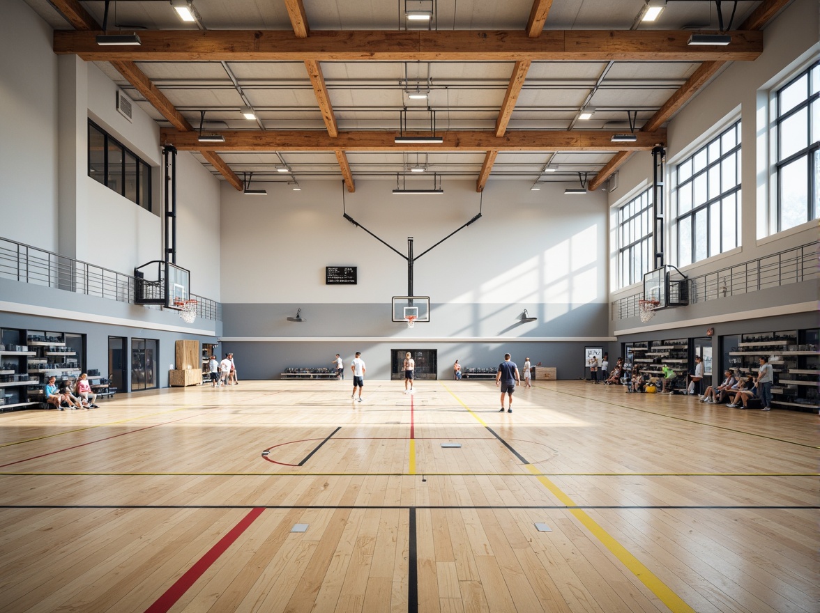 Prompt: Modern gymnasium interior, open spaces, high ceilings, polished wood floors, sports equipment, basketball hoops, volleyball nets, athletic tracks, sprint lanes, jumping areas, bleacher seating, natural light, large windows, minimalist design, functional layout, dynamic lighting, shallow depth of field, 1/2 composition, realistic textures, ambient occlusion.