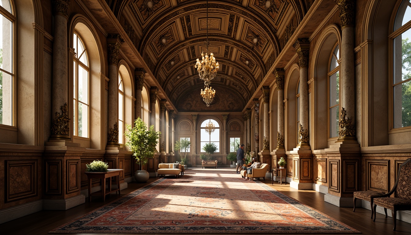 Prompt: Intricate stone carvings, ornate metalwork, grandiose archways, lavish furnishings, opulent textiles, Baroque-inspired patterns, rich wood accents, gilded details, luxurious materials, sophisticated color palette, warm golden lighting, shallow depth of field, 3/4 composition, realistic textures, ambient occlusion.