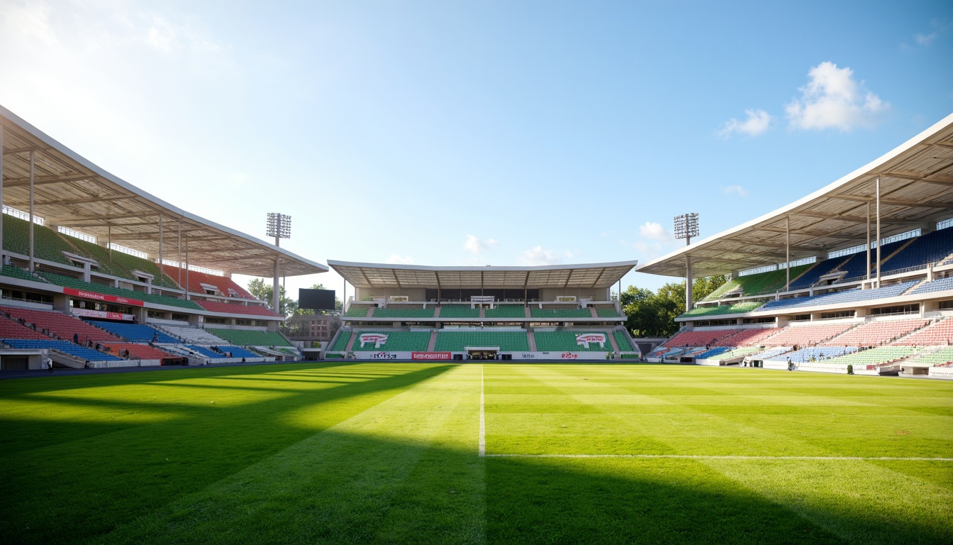 Prompt: Sports stadium, lush green grass, athletic tracks, goalposts, scoreboards, spectator seating, modern architecture, curved lines, dynamic shapes, vibrant colors, natural light, sunny day, soft warm lighting, shallow depth of field, 3/4 composition, panoramic view, realistic textures, ambient occlusion, grandstand structures, floodlighting systems, grassy mounds, athletic equipment, team logos, sports banners, outdoor spaces, recreational facilities.