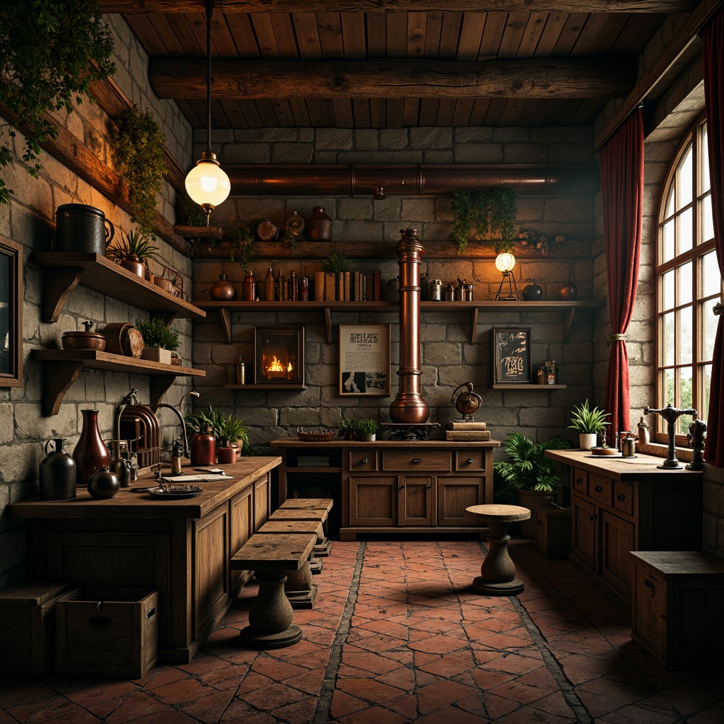 Prompt: Mysterious laboratory, romantic ambiance, distressed stone walls, rustic wooden accents, vintage scientific equipment, worn leather-bound tomes, ornate metal fixtures, dim warm lighting, eerie shadows, intricate stonework, moss-covered surfaces, aged copper pipes, steam-punk machinery, eclectic artifacts, rich velvet drapes, mysterious alchemy symbols, soft focus, shallow depth of field, 1/2 composition, cinematic mood.