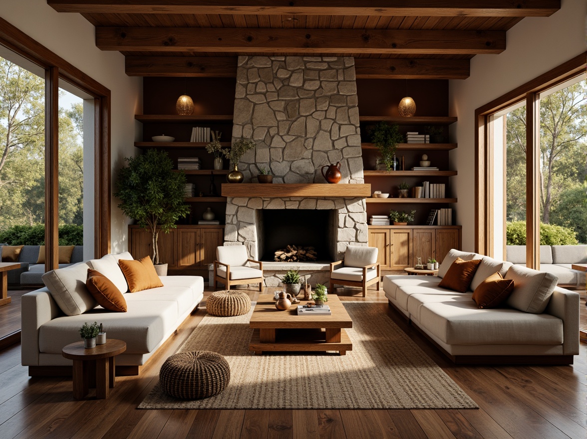 Prompt: Rustic living room, wooden accents, earthy tones, plush furnishings, natural textiles, woven baskets, traditional ornaments, cozy reading nooks, functional workspaces, built-in shelving, reclaimed wood flooring, stone fireplaces, warm ambient lighting, soft diffused shadows, 1/1 composition, intimate atmosphere, realistic renderings.