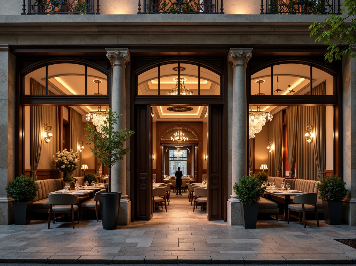 Prompt: Elegant restaurant facade, neoclassical columns, ornate balustrades, grand entrance, symmetrical composition, rustic stone walls, arched windows, decorative cornices, subtle lighting accents, soft warm glow, high ceilings, luxurious chandeliers, rich wood tones, velvet drapes, marble flooring, intricate moldings, classic pilasters, refined proportions, subtle color palette, afternoon sunlight, shallow depth of field, 1/2 composition, realistic textures, ambient occlusion.