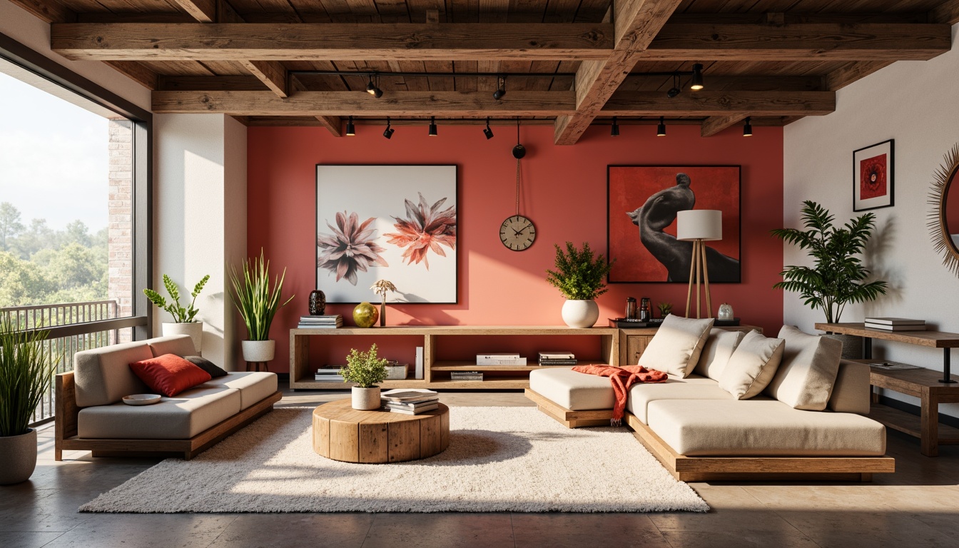 Prompt: Vibrant modern design studio, sleek minimalistic furniture, bold accent walls, eclectic art pieces, natural wood accents, industrial metal tones, creamy whites, rich charcoal grays, pop of bright coral, warm golden lighting, shallow depth of field, 1/1 composition, cinematic view, realistic textures, ambient occlusion.