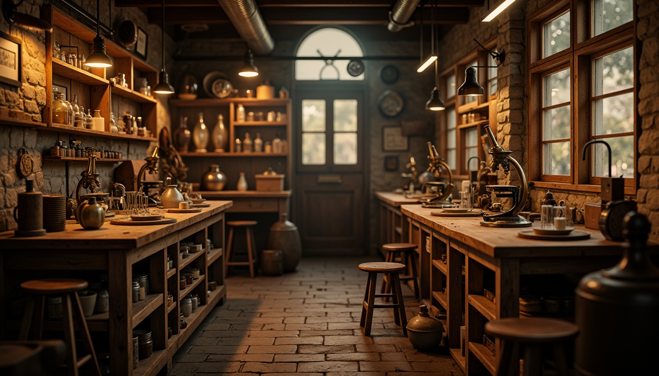 Prompt: Vintage laboratory equipment, distressed wooden workbenches, antique microscopes, old-fashioned beakers, ornate metal fixtures, intricate piping systems, rustic stone walls, dimly lit atmosphere, warm golden lighting, soft focus, shallow depth of field, 1/2 composition, romantic ambiance, nostalgic feel, earthy color palette, rich textures, ambient occlusion.