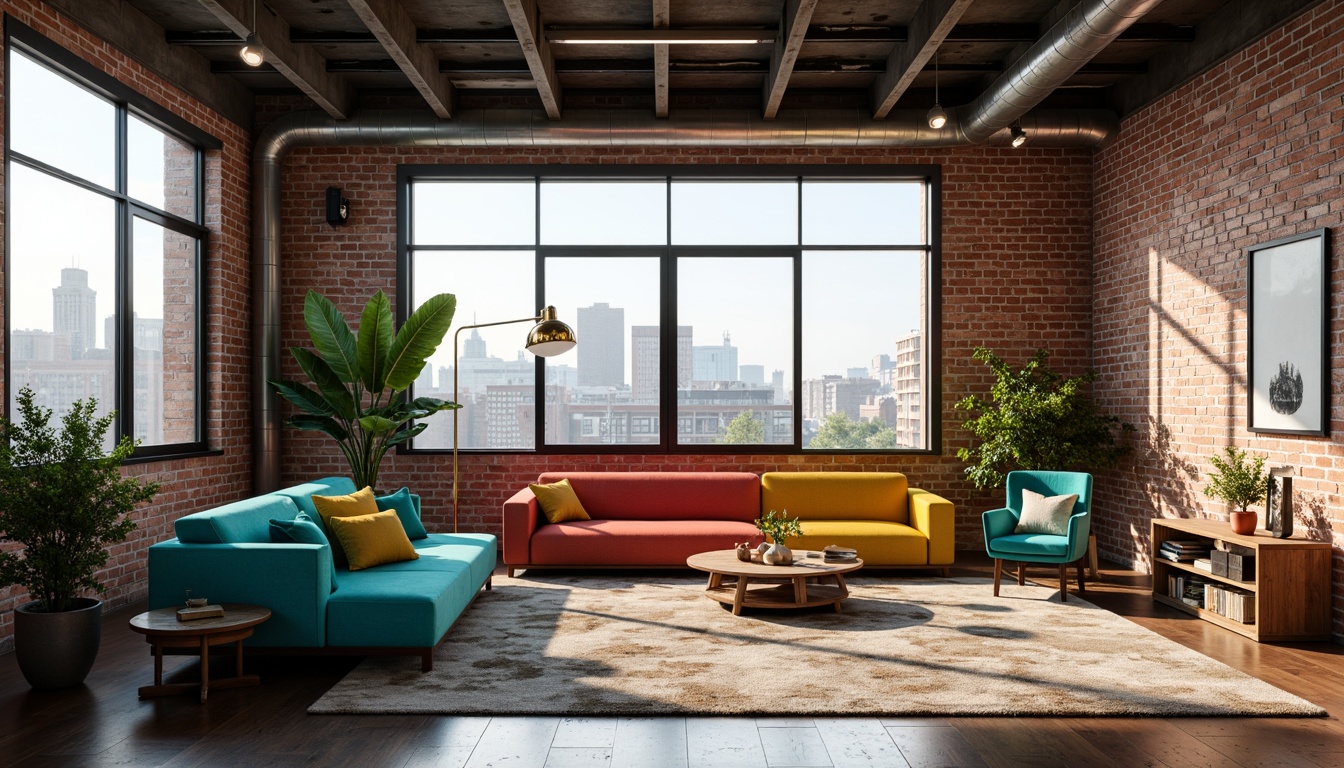 Prompt: Industrial-chic loft, exposed brick walls, metal beams, reclaimed wood floors, modern minimalist furniture, vibrant turquoise accents, bold yellow highlights, rich coral hues, eclectic decorative pieces, urban cityscape views, large industrial windows, natural light pouring in, atmospheric shadows, cinematic lighting, shallow depth of field, 1/1 composition, realistic textures, ambient occlusion.