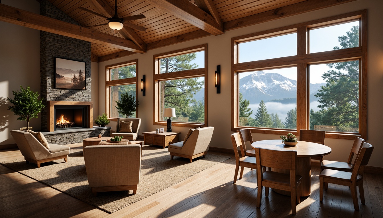 Prompt: Mountain lodge-inspired student halls, earthy tone color palette, warm beige walls, rich wood accents, natural stone flooring, cozy fireplaces, comfortable seating areas, rustic wooden furniture, soft warm lighting, snow-capped mountain views, evergreen trees, misty mornings, atmospheric fog, shallow depth of field, 1/2 composition, realistic textures, ambient occlusion.