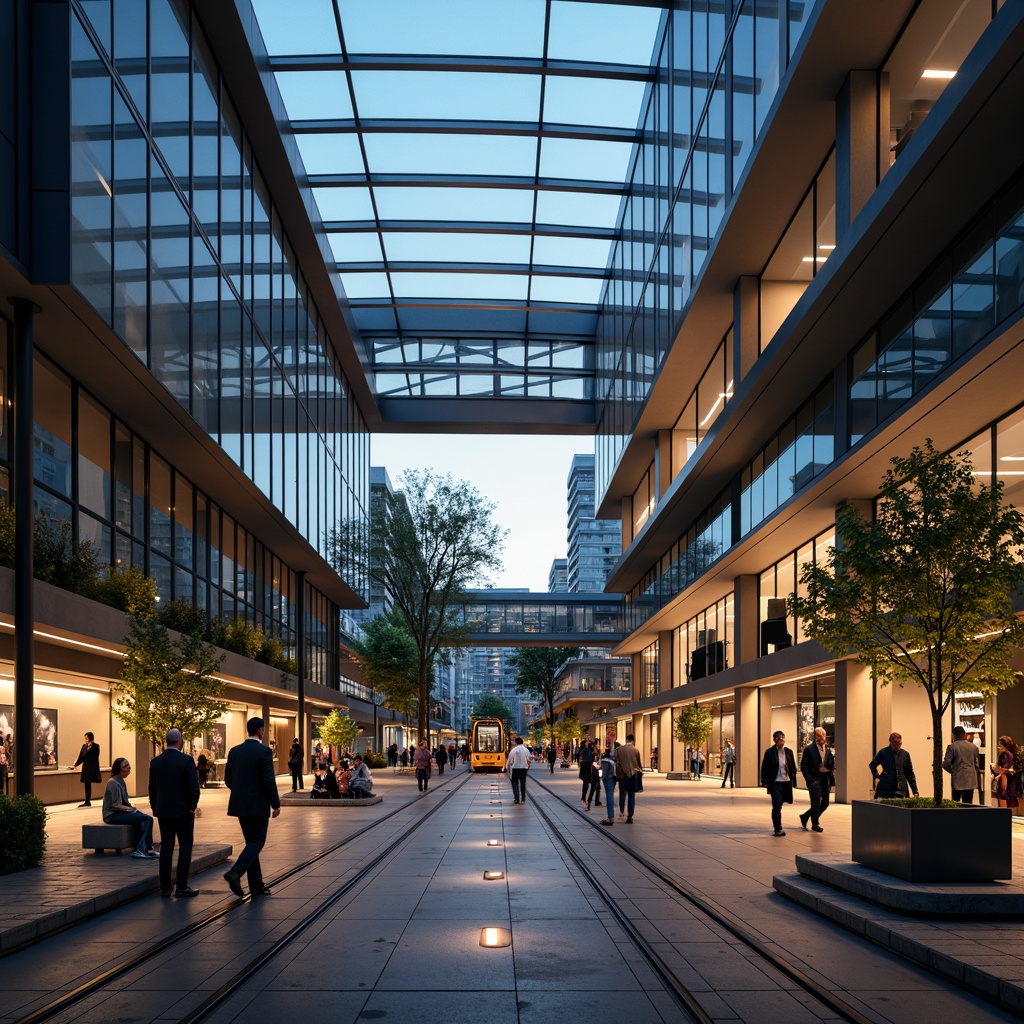 Prompt: Modern tram station, sleek glass roof, bright natural light, LED strip lighting, warm color temperature, high ceilings, spacious platforms, stainless steel handrails, urban landscape views, rush hour scenes, busy pedestrian traffic, evening ambiance, soft glow illumination, 3/4 composition, shallow depth of field, realistic textures, ambient occlusion.