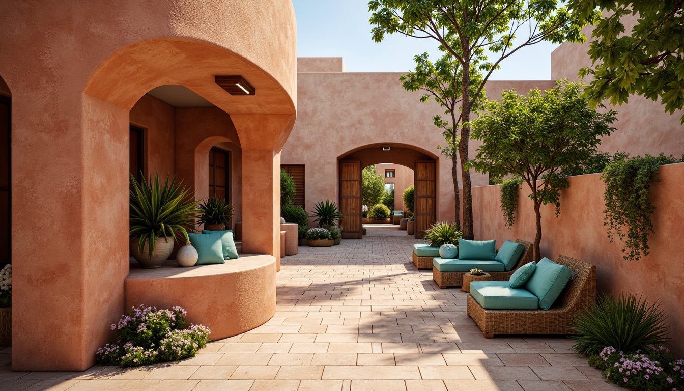 Prompt: Warm persimmon hues, earthy terracotta, soft sienna tones, natural stone walls, rustic wooden accents, Mediterranean-inspired architecture, curved lines, ornate tile work, vibrant turquoise accents, lush greenery, blooming flowers, warm sunny day, soft warm lighting, shallow depth of field, 3/4 composition, panoramic view, realistic textures, ambient occlusion.Please let me know if this meets your requirements!