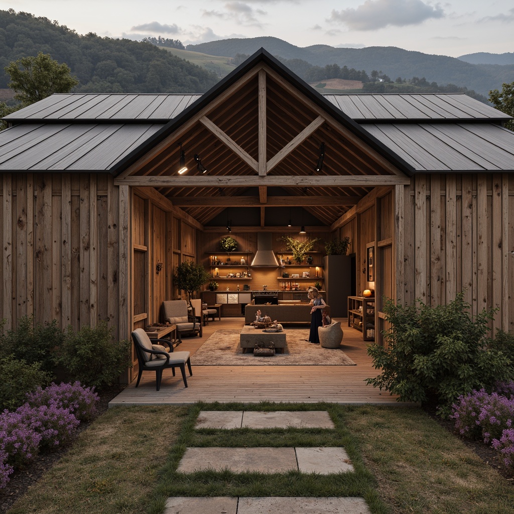 Prompt: Rustic barn, wooden beams, corrugated metal roofs, agricultural equipment, vintage farming tools, earthy tones, natural textures, asymmetrical fa\u00e7ade, modernized barn doors, industrial-style lighting fixtures, exposed ductwork, minimalist interior design, reclaimed wood accents, distressed finishes, rural landscape, rolling hills, countryside scenery, overcast sky, soft warm lighting, shallow depth of field, 1/1 composition, realistic renderings.