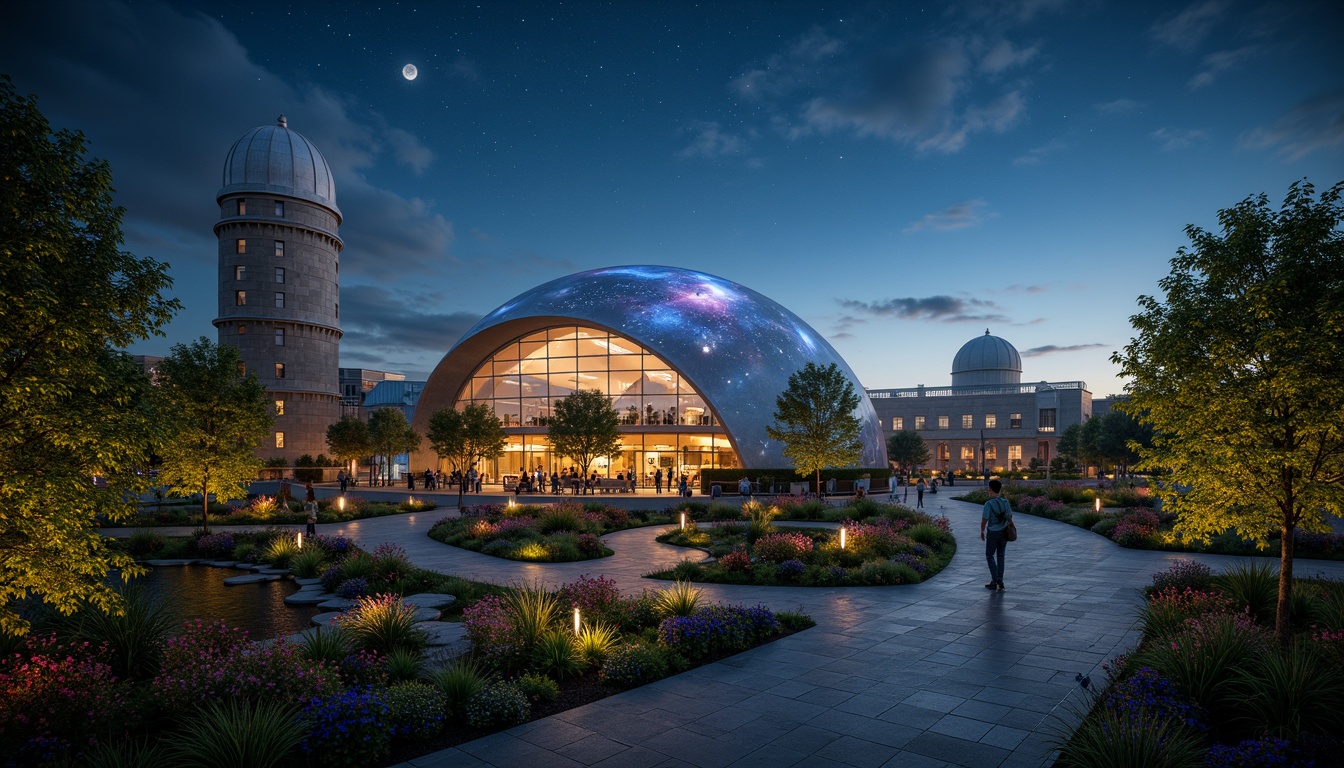 Prompt: Celestial planetarium dome, futuristic architecture, glowing starry night sky, lush greenery, vibrant flowers, winding pathways, ornamental ponds, water features, misty atmosphere, soft warm lighting, shallow depth of field, 3/4 composition, panoramic view, realistic textures, ambient occlusion, natural stone walkways, modern benches, educational signs, stargazing areas, astronomical instruments, telescopes, observatory towers.