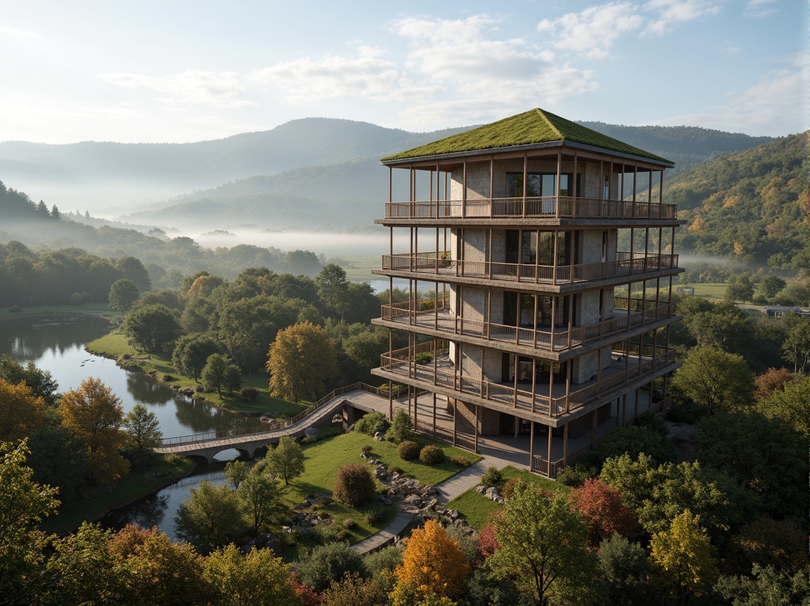 Prompt: Watchtower with rustic stone walls, lush green roofs, wooden observation decks, winding staircases, panoramic views, misty morning atmosphere, soft natural lighting, 1/1 composition, symmetrical architecture, harmonious integration with surrounding hills, rolling grasslands, serene forests, meandering streams, rustic wooden bridges, autumn foliage, vibrant wildflowers, gentle breezes, warm sunny days.