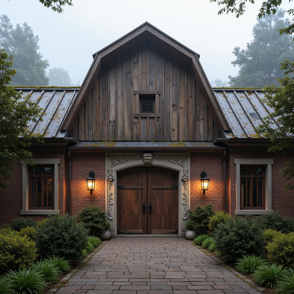 Prompt: Rustic barn-inspired academic building, weathered wooden planks, distressed metal roofing, vintage brick walls, ornate stone carvings, grandiose entrance gates, lantern-style lighting fixtures, earthy color palette, natural stonework, moss-covered roofs, overgrown vegetation, misty morning atmosphere, soft diffused lighting, shallow depth of field, 1/2 composition, symmetrical framing, warm ambient occlusion.