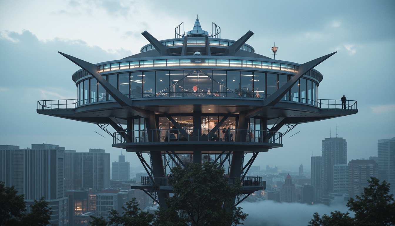 Prompt: Futuristic watchtower, sleek metal framework, cantilevered observation decks, angular lines, minimalist design, industrial materials, exposed ductwork, steel beams, concrete foundations, geometric shapes, abstract patterns, vibrant accent colors, LED lighting strips, panoramic views, 3/4 composition, shallow depth of field, misty atmospheric effects, dramatic cloudy skies, ambient occlusion.