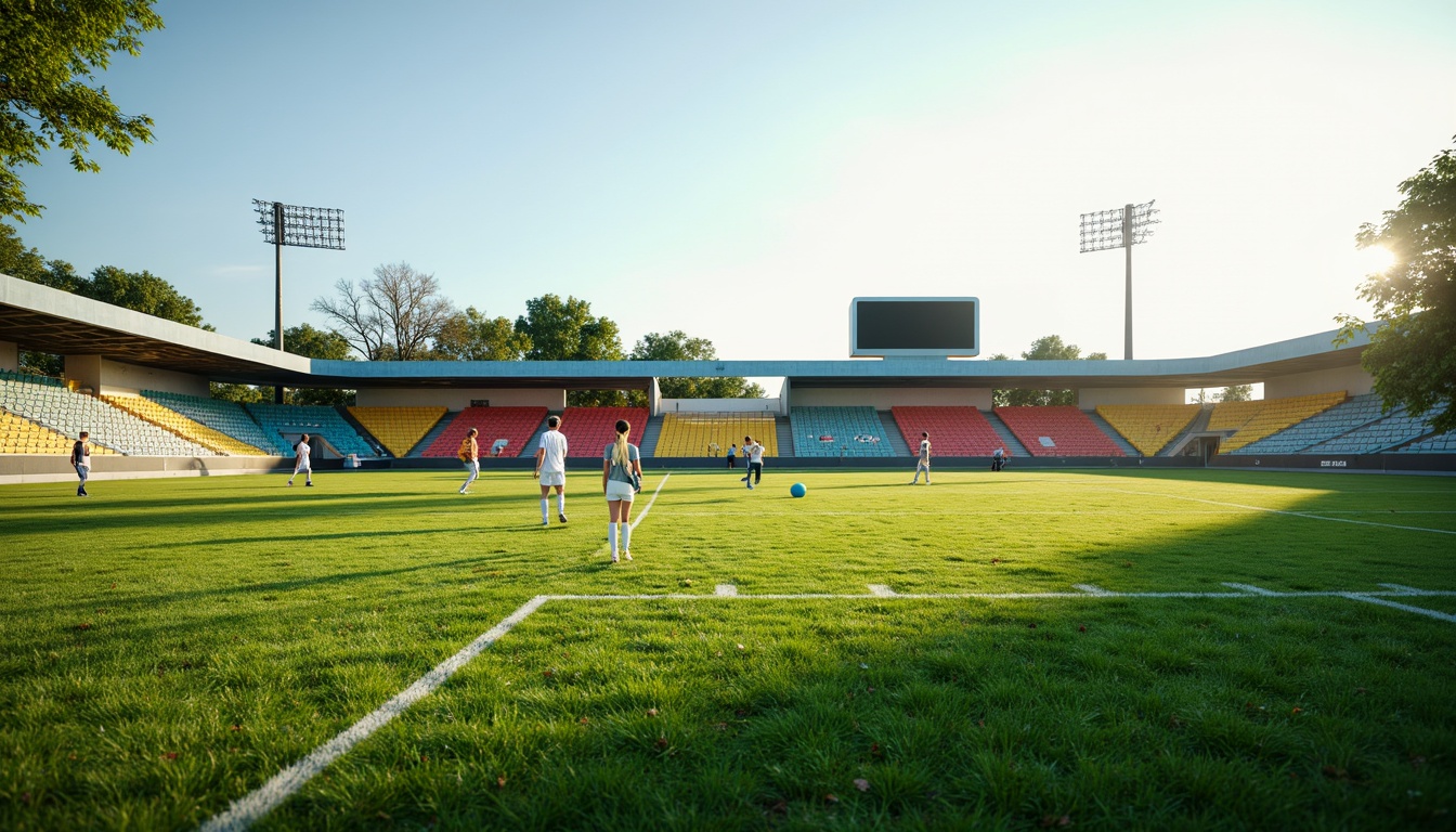 Prompt: Natural grass turf, synthetic rubber tracks, athletic field markings, sports equipment, goalposts, scoreboards, stadium seating, vibrant team colors, sunny day, soft warm lighting, shallow depth of field, 3/4 composition, panoramic view, realistic textures, ambient occlusion.