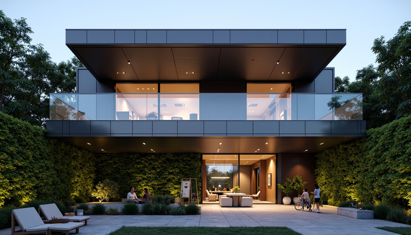 Prompt: Elegant building facade, modern minimalist design, sleek glass surfaces, metallic accents, horizontal lines, cantilevered rooflines, lush green walls, natural stone cladding, wooden paneling, subtle LED lighting, warm ambient glow, 3/4 composition, shallow depth of field, realistic textures, ambient occlusion.