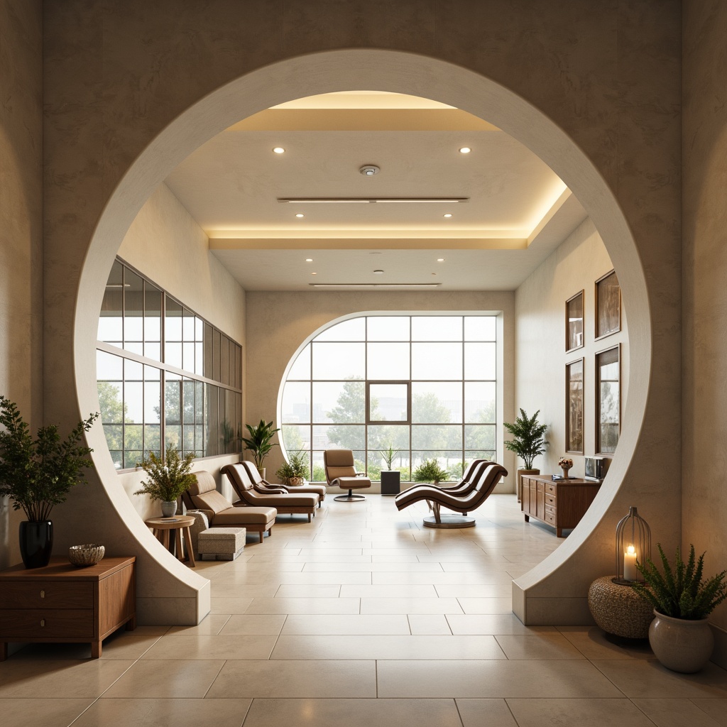 Prompt: Curved lines, rounded shapes, minimalist decor, soft warm lighting, indirect illumination, floor-to-ceiling windows, natural light, polished chrome fixtures, sleek glass partitions, monochromatic color scheme, calm ambiance, spa-like atmosphere, modern medical equipment, streamlined furniture, leather upholstery, wooden accents, subtle texture patterns, gentle shadows, 1/1 composition, realistic reflections, ambient occlusion.