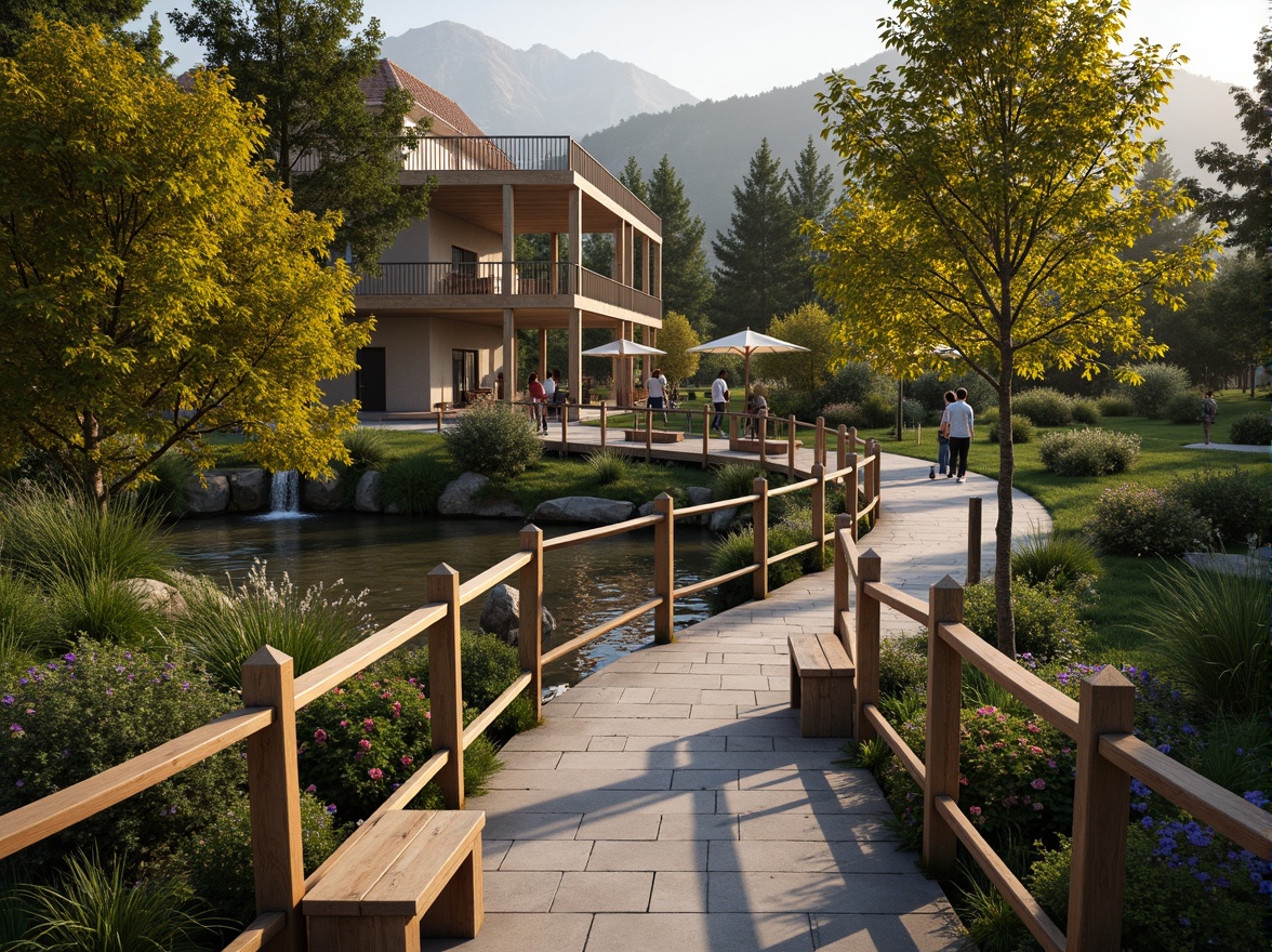 Prompt: Rustic pedestrian bridge, meandering river, lush greenery, vibrant flowers, natural stone pathways, wooden railings, scenic overlooks, bench seating areas, water features, tranquil ambiance, soft warm lighting, shallow depth of field, 3/4 composition, panoramic view, realistic textures, ambient occlusion, serene atmosphere, blooming trees, colorful shrubs, ornamental grasses, decorative lanterns.