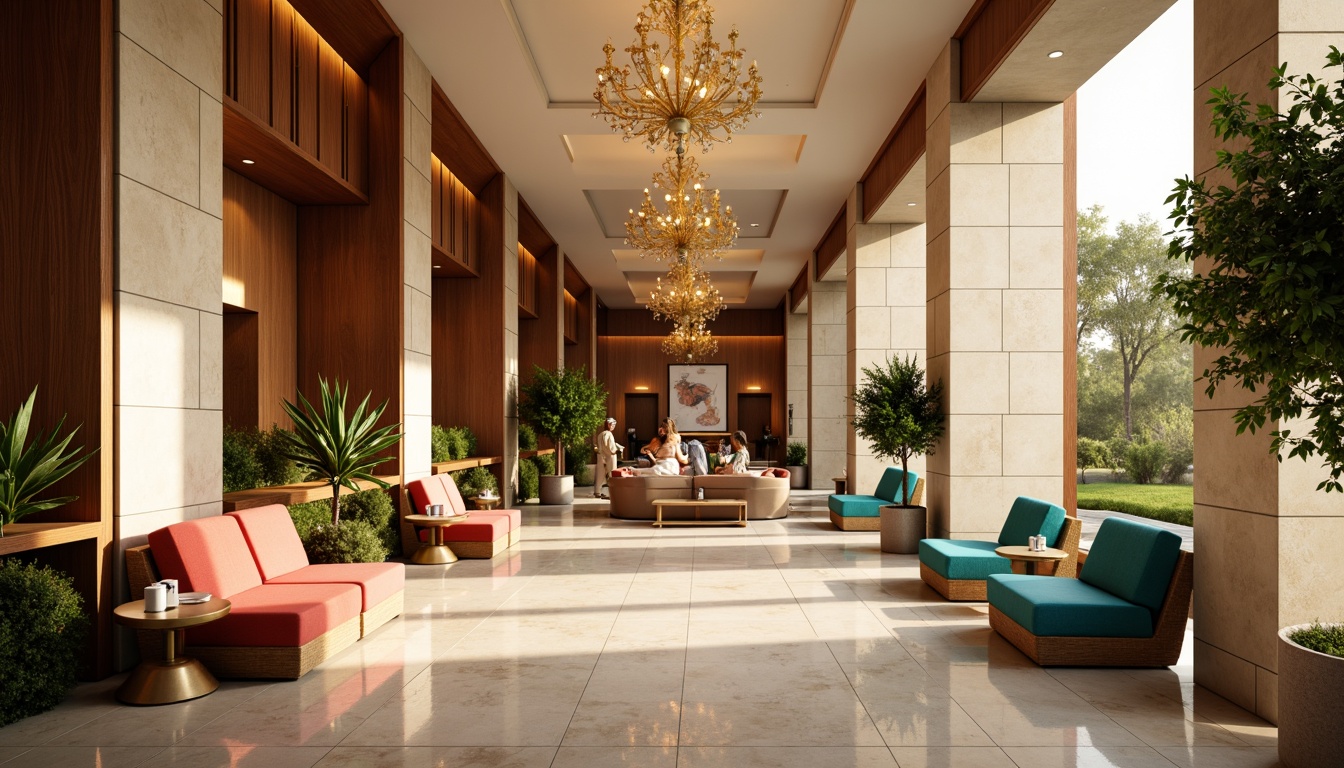 Prompt: Luxurious hotel lobby, rich wood accents, creamy marble floors, warm beige walls, soft golden lighting, plush velvet furniture, bold turquoise accents, natural stone columns, elegant chandeliers, sophisticated neutral tones, calming earthy hues, vibrant coral pops, serene ambiance, 1/2 composition, atmospheric rendering, realistic reflections.