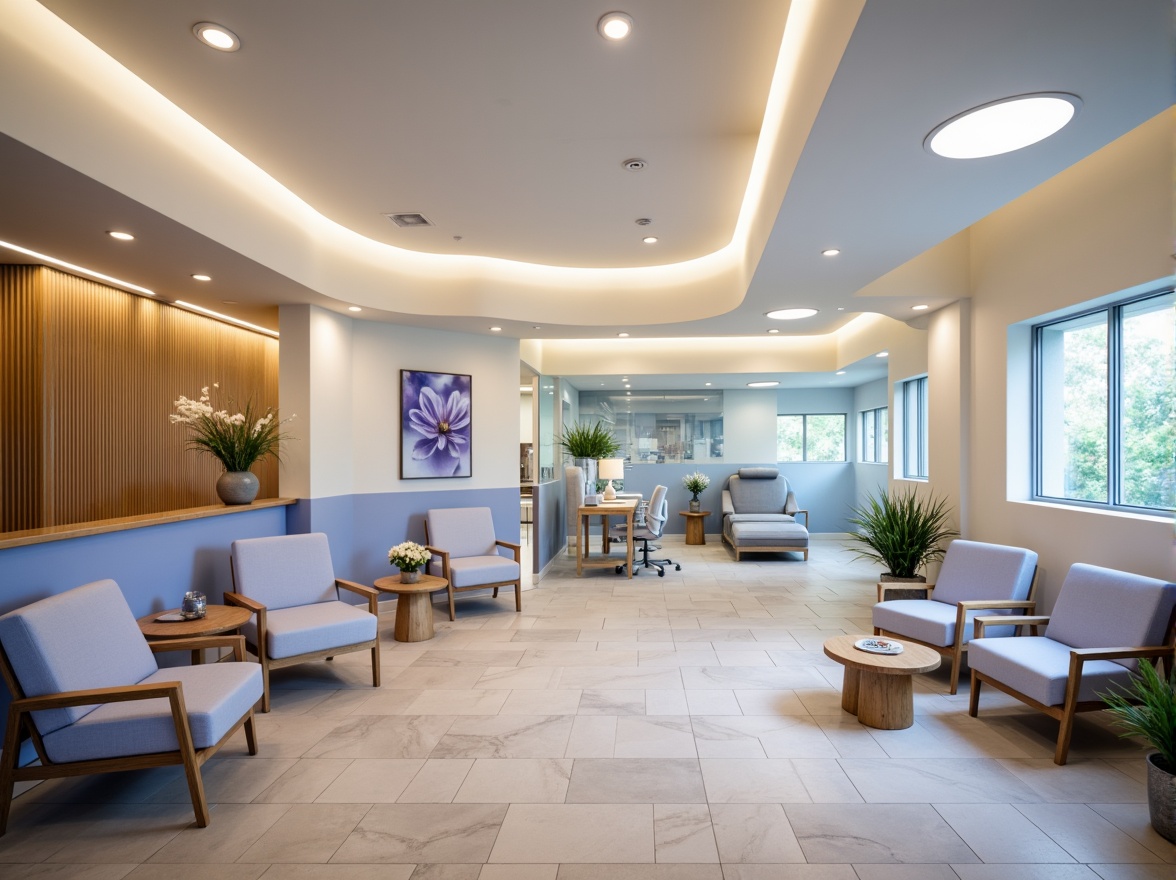 Prompt: Soothing blue violet clinic interior, calming atmosphere, gentle curves, natural wood accents, soft cream-colored walls, comforting warm lighting, minimalist furniture design, stainless steel medical equipment, elegant glass partitions, subtle floral patterns, peaceful waiting area, serene patient rooms, natural stone flooring, airy open spaces, soft focus photography, shallow depth of field, 1/2 composition, realistic textures, ambient occlusion.