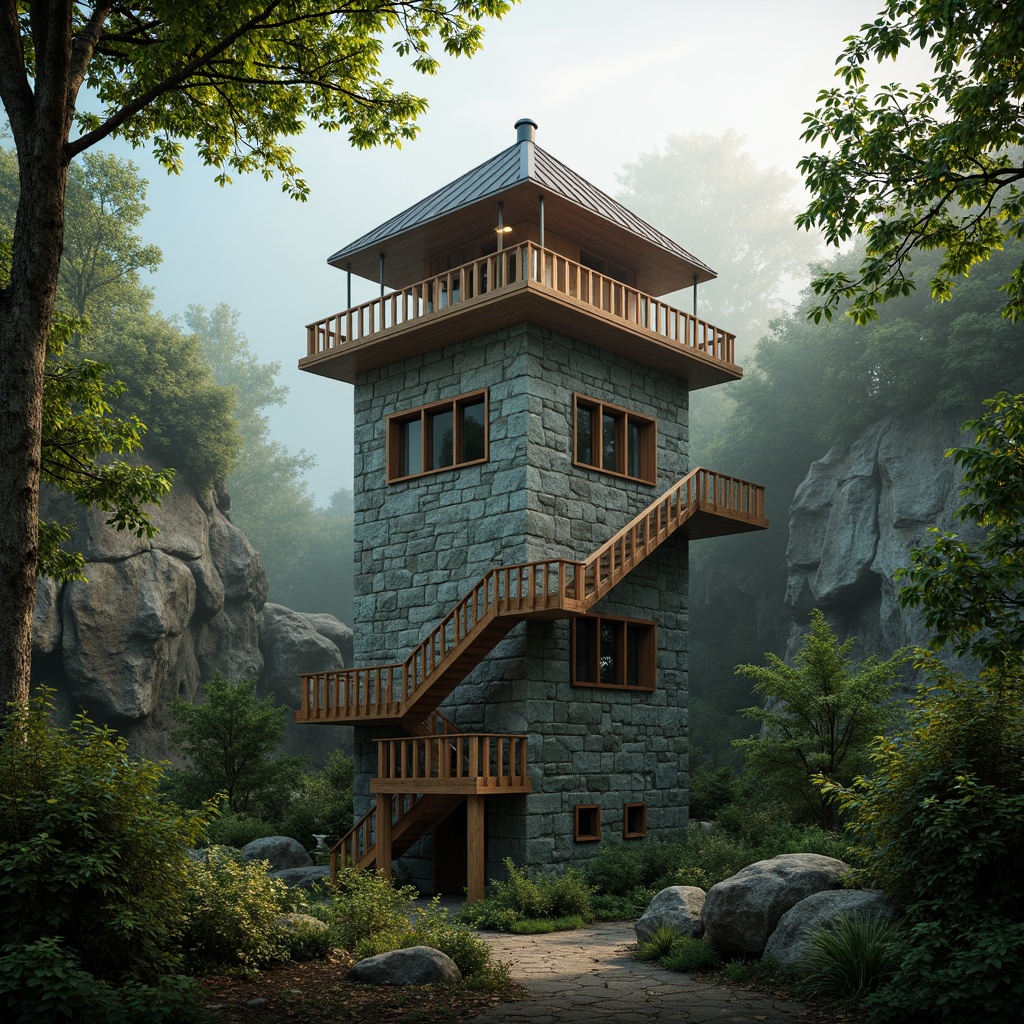 Prompt: Watchtower with stone walls, verdant foliage, winding staircase, observation deck, rustic wooden accents, lantern-style lighting, natural rock formations, serene forest surroundings, misty morning atmosphere, soft warm sunlight, shallow depth of field, 3/4 composition, panoramic view, realistic textures, ambient occlusion, harmonious integration with nature.