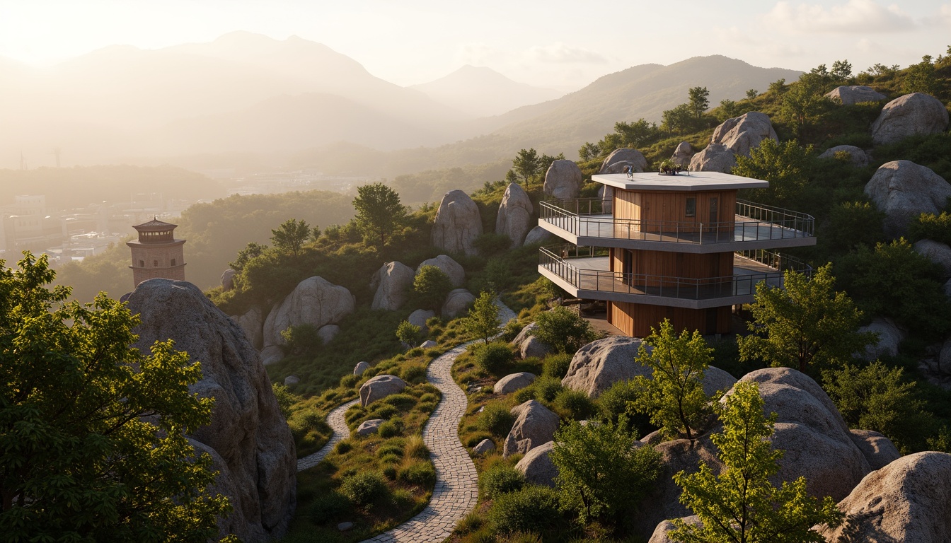 Prompt: Scenic hilltop, winding stone paths, lush greenery, observation decks, panoramic views, modern watching tower designs, sleek metal structures, glass floors, cantilevered roofs, natural rock formations, wooden accents, earthy tones, misty mornings, warm sunlight, dramatic shadows, 1/1 composition, atmospheric perspective, realistic textures, ambient occlusion.